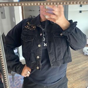 Distressed, crop leopard jean jacket